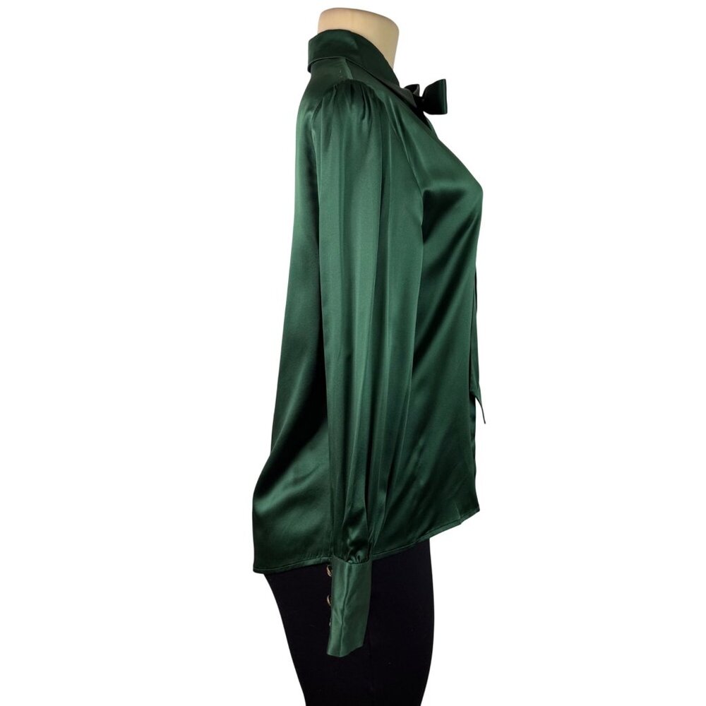 LilySilk Womens Green Mulberry Silk Bow-Tie Blouse Satin Button Cuffs Sz M - Picture 3 of 12